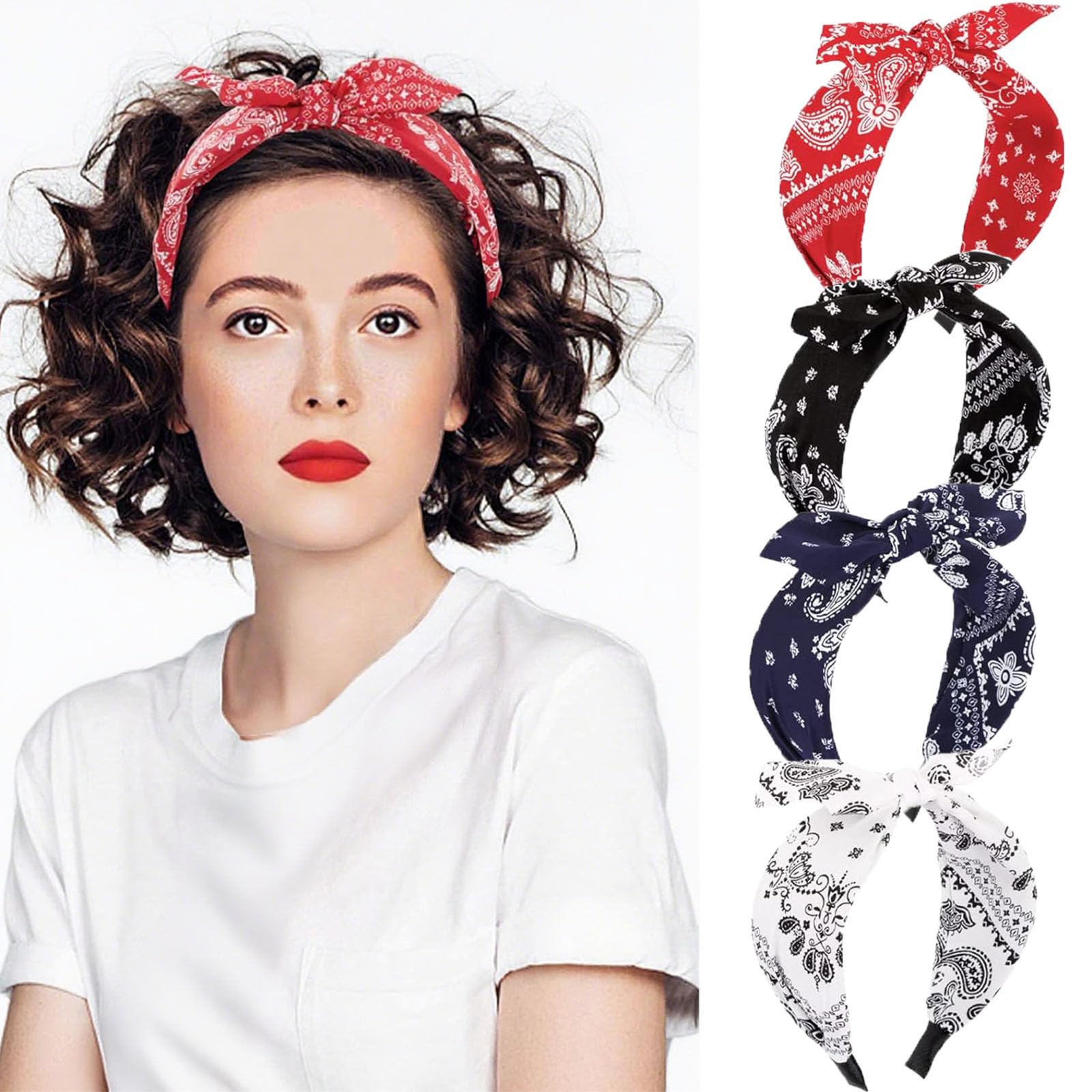 4 Stück Breit Stirnbänd Paisley, Haarbänder Damen mit Knoten, Kopfband Vintage Rockabilly Haarreifen, Wide Knot Turban Elastisch Haarbänder Rutschfest Haarschmuck, Haar-Accessoires für Damen Mädchen