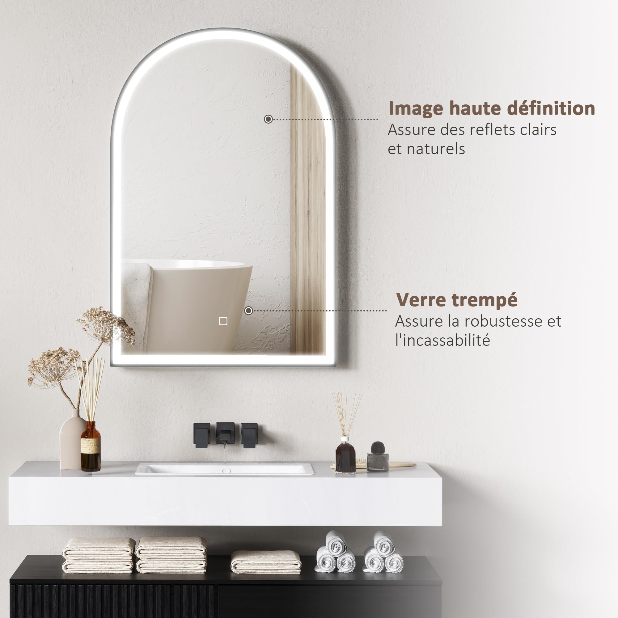 Miroir Salle De Bain Avec éclairage Anti-buée Verre Trempé Noir
