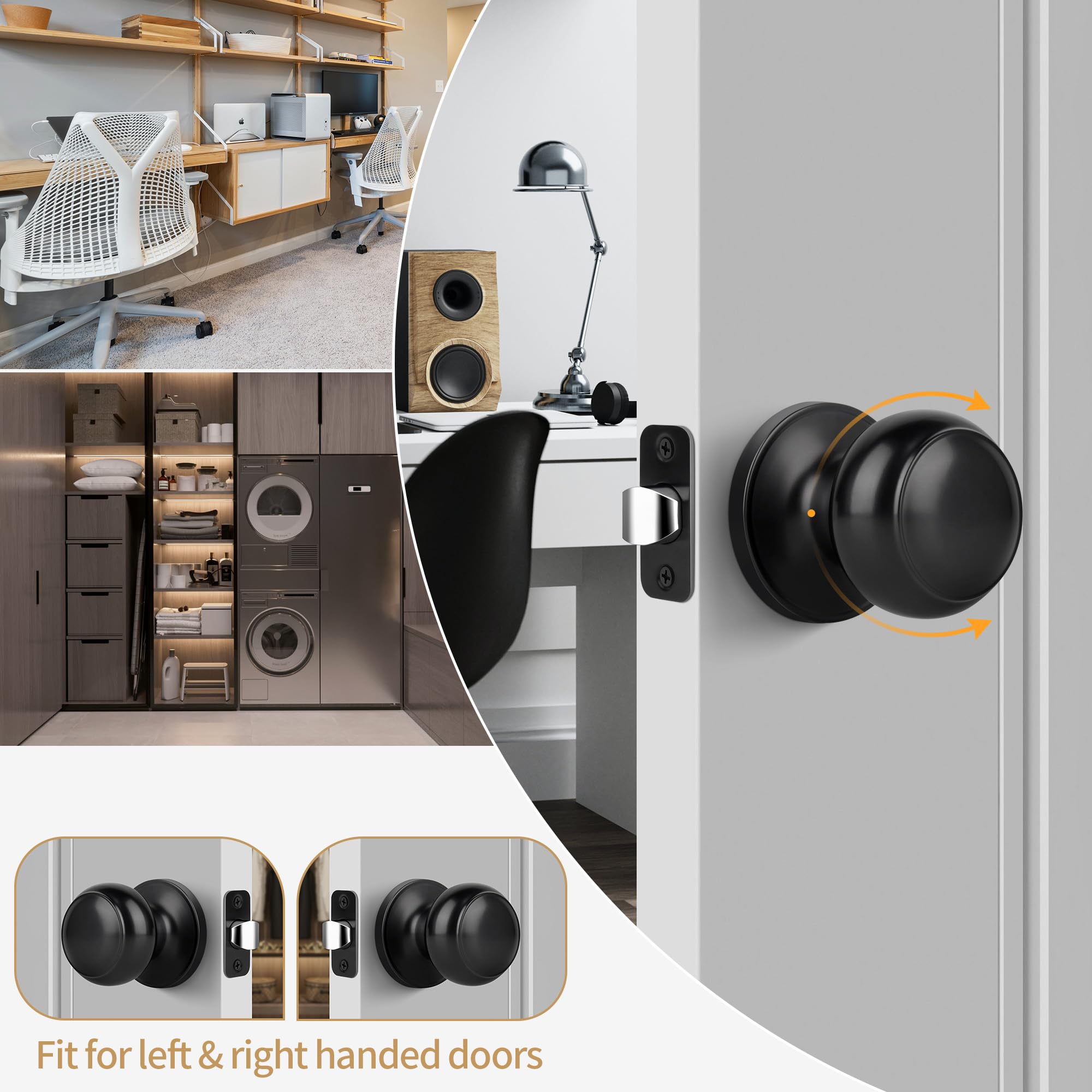 Matte Black Passage Door Knob - No Key Required -5