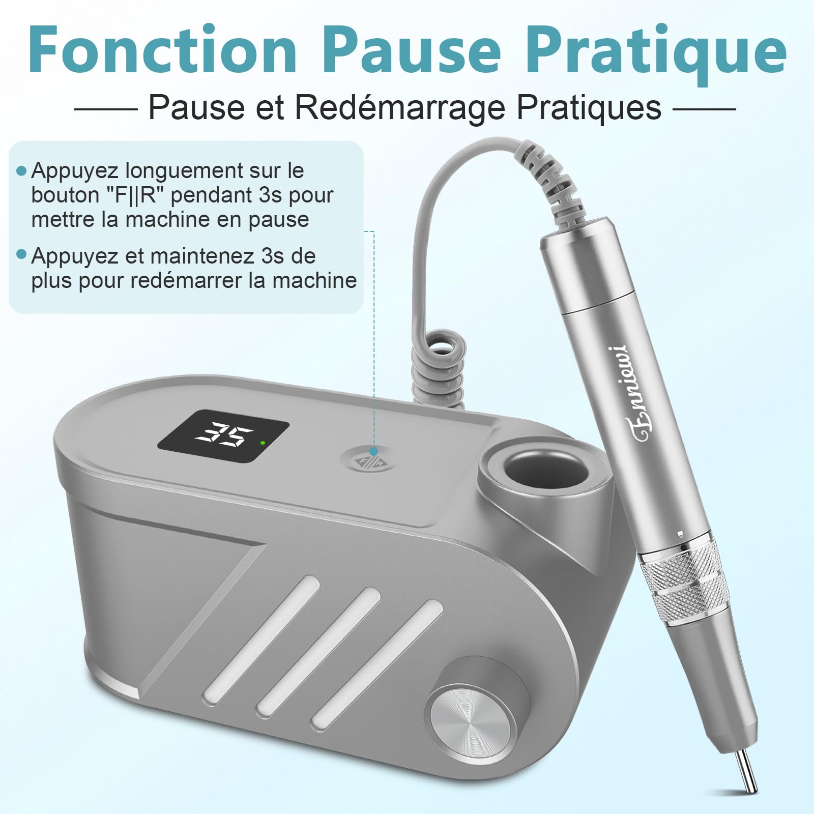 Ponceuse pour Ongles Électrique Professionnelle 35000 RPM - Multifonction Silencieuse avec Affichage LED, Bouton Pause & 6 Embouts - Machine Manucure/Pédicure pour Salon/Maison (Gris Élégant)