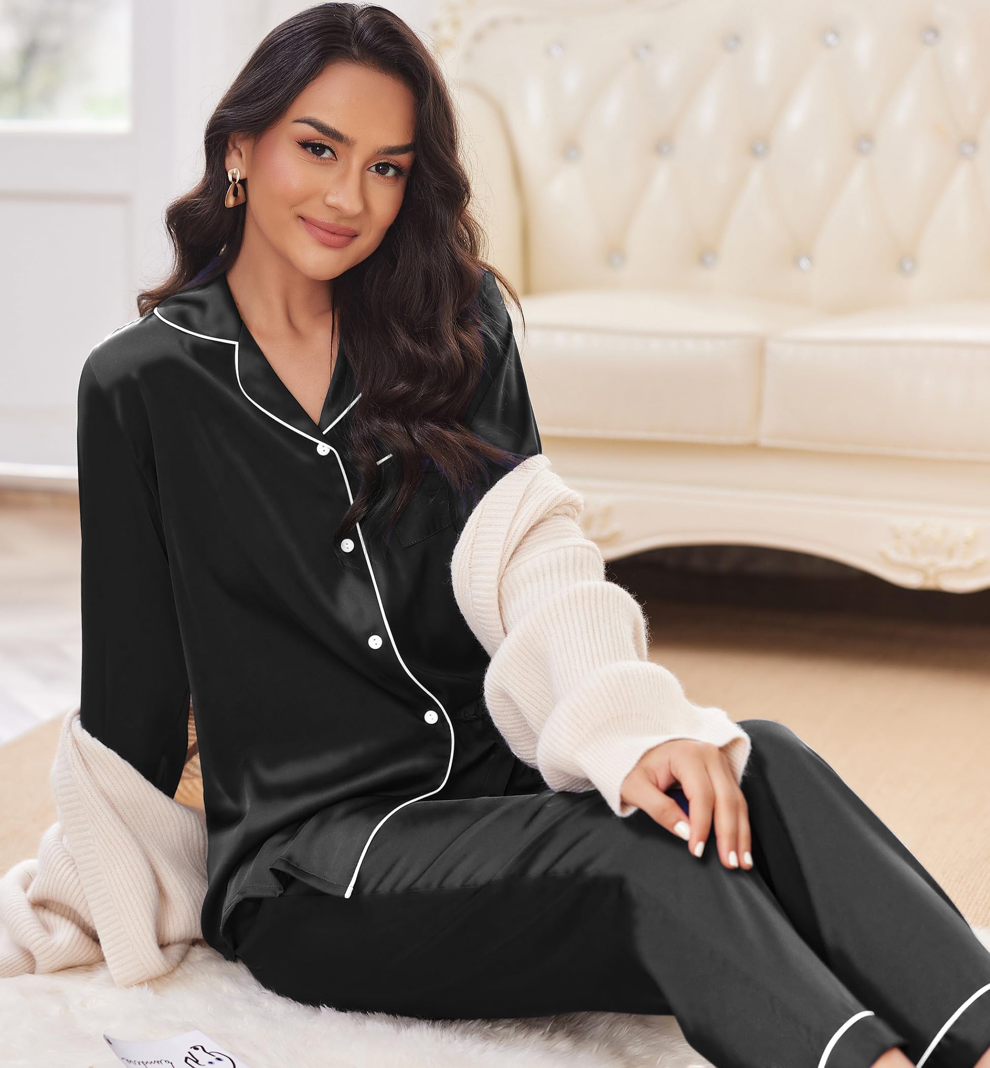 Ekouaer Pigiama da Donna in Raso Indumenti da Notte in Due Pezzi Pigiama a Maniche Lunghe Set Completo per Il Tempo Libero Pigiama Morbido Indumenti da Notte Comodi