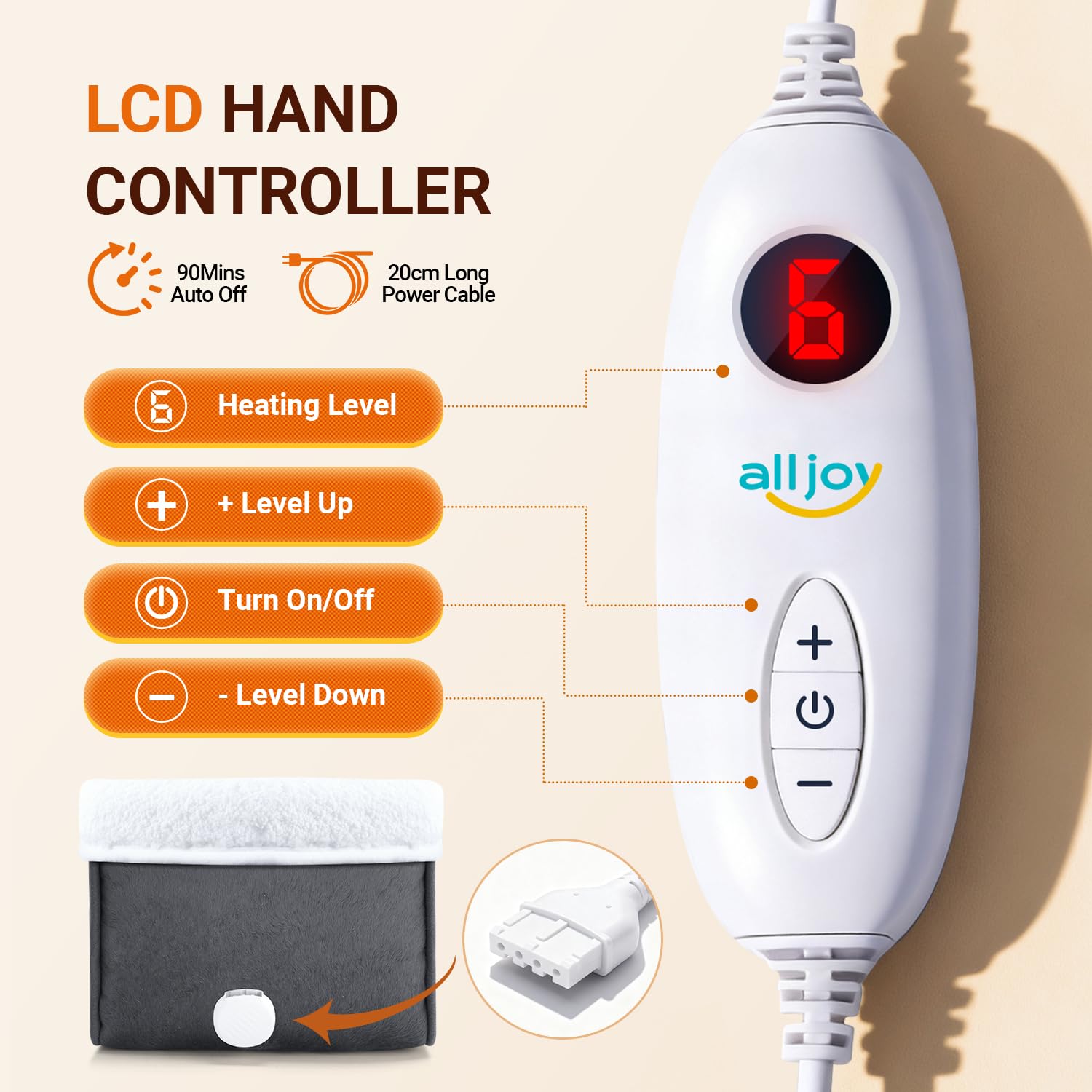 ALLJOY Chauffe-Pieds électrique, Protection Contre la Surchauffe, Coussin Chauffant Rapide pour les Pieds 6 Niveaux de Chauffage, Automatique & Lavable en Machine, Homme et Femme, Cadeaux de Noël