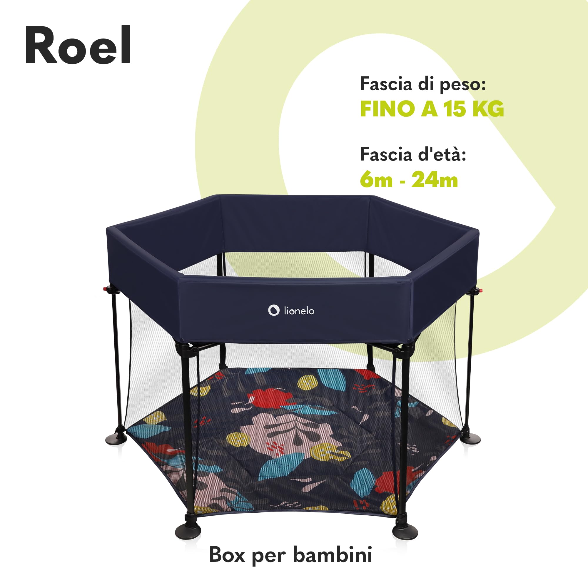 LIONELO Roel box bambini da 6 mesi fino a 15kg forma esagonale grandi dimensioni 135 x 118 x 83 cm Blocco di piegatura LockGuard, le pareti trasparenti, Gambe antiscivolo, Piegatura facile, Borsa