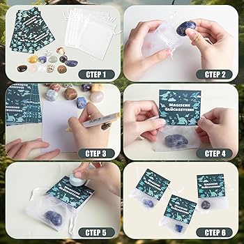 JABNOW 36 Pezzi Set Di Pietre Portafortuna, 12 Pietre Colore Portafortuna Per Bambini, 12 Sacchetti Di Iuta, 12 Cartellini Per Animali, Pietra Magica Regalo Per Feste Di Compleanno Per Bambini - Foto 4