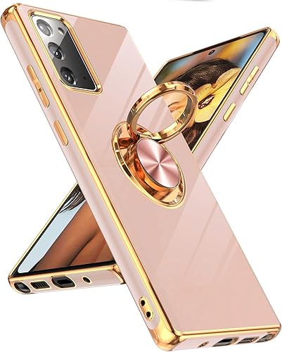 LeYi Funda para Galaxy Note 20 soporte de anillo giratorio de 360, soporte magnético, chapado en oro rosa borde protector Samsung Galaxy Note 20