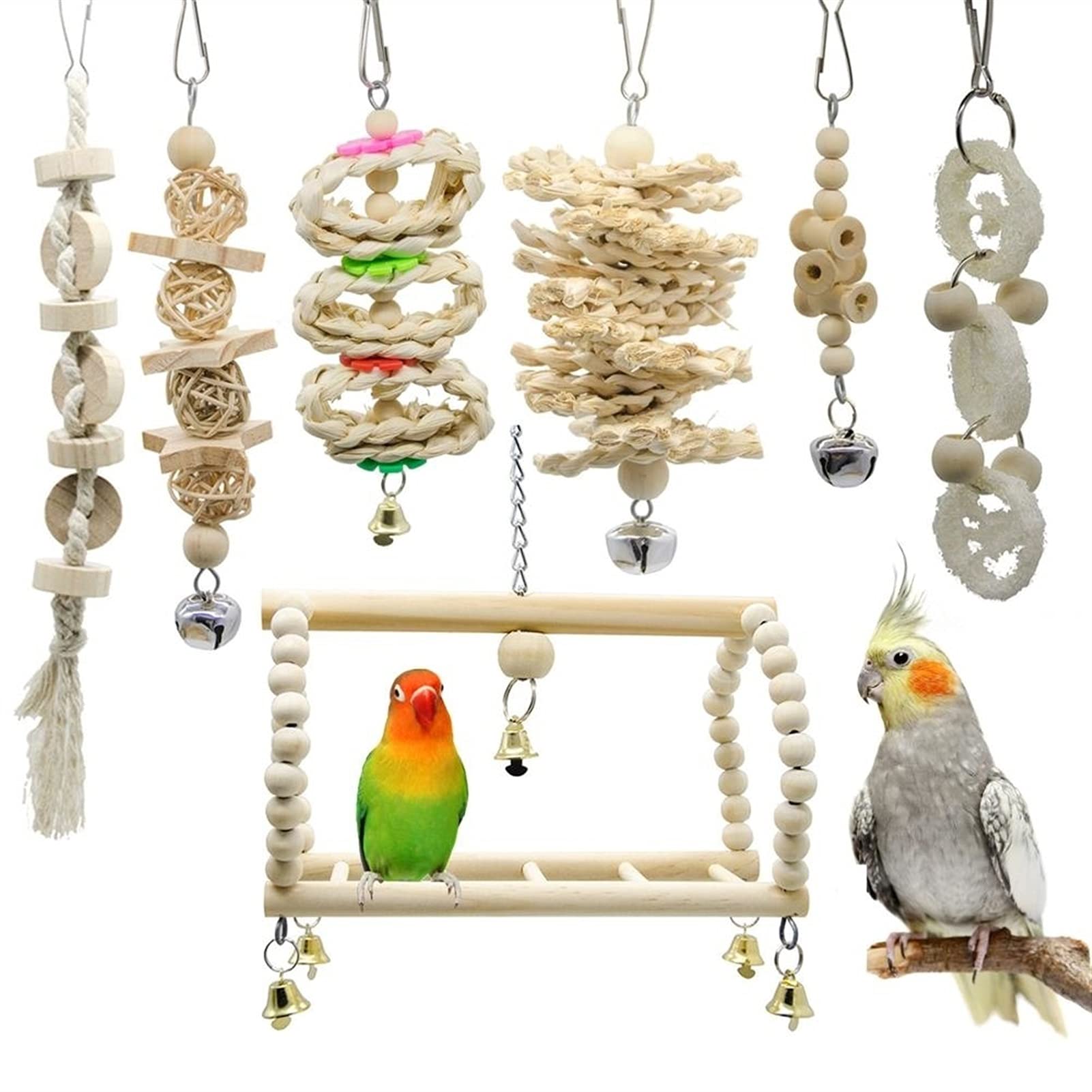 Juguete de pájaro 7 unids pájaro juguete cockatiel loro juguete y accesorios Budgie Perch Stand