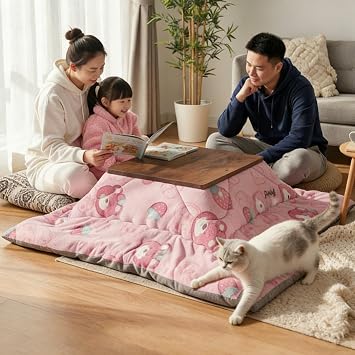 HARELA Kotatsu Table Set with Heater and Blanket, Low Table for Sitting on The Floor, Heating Wood Coffee Tables, Japanese Stove Desk in Living Room, for Four SeasonsPink,75x75cm/29.5x29.5in
