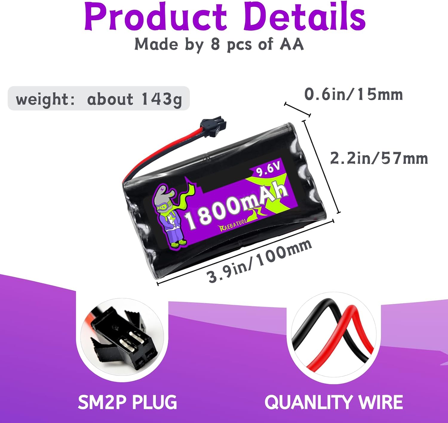 9.6V 1800mAh Ni-Cd 4+4 Flat Shape Rechargeable Battery with SM-2P Plug(Black),Fit for RC Radio-Controlled Car Truck Tank Engineering Vehicle Remote Control Ship etc. with Charger(8*AA)