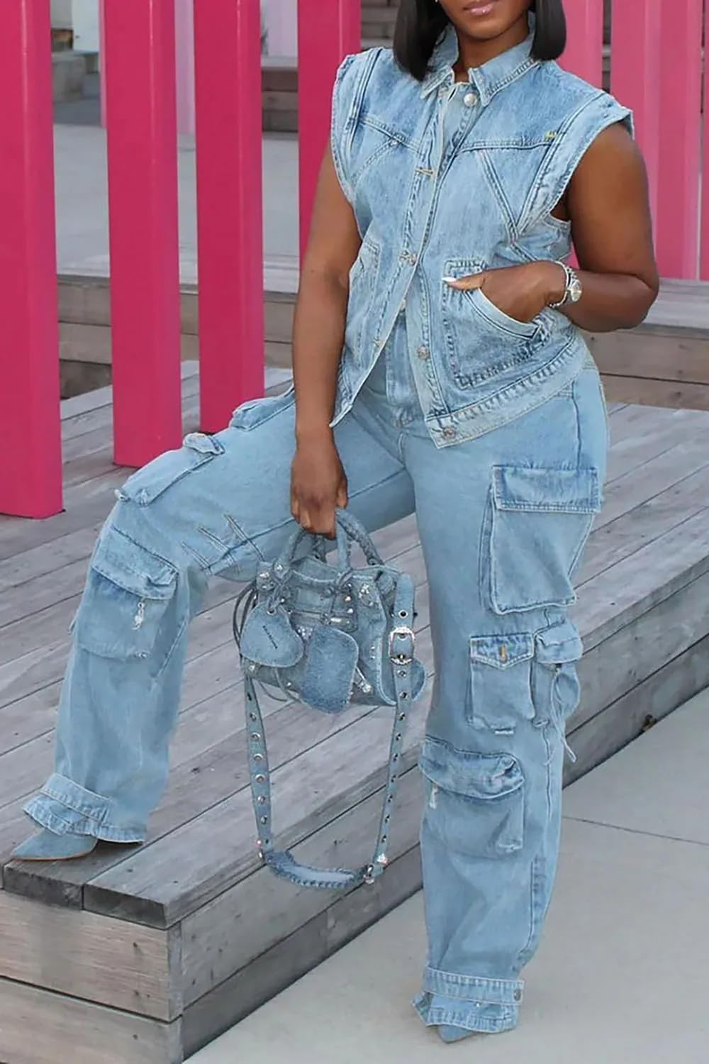 Molilove Women's Two Piece Denim Outfits Sleeveless Button Jean Jacket Cargo Pants with Pockets Y2K Tracksuit Set Streetwear
