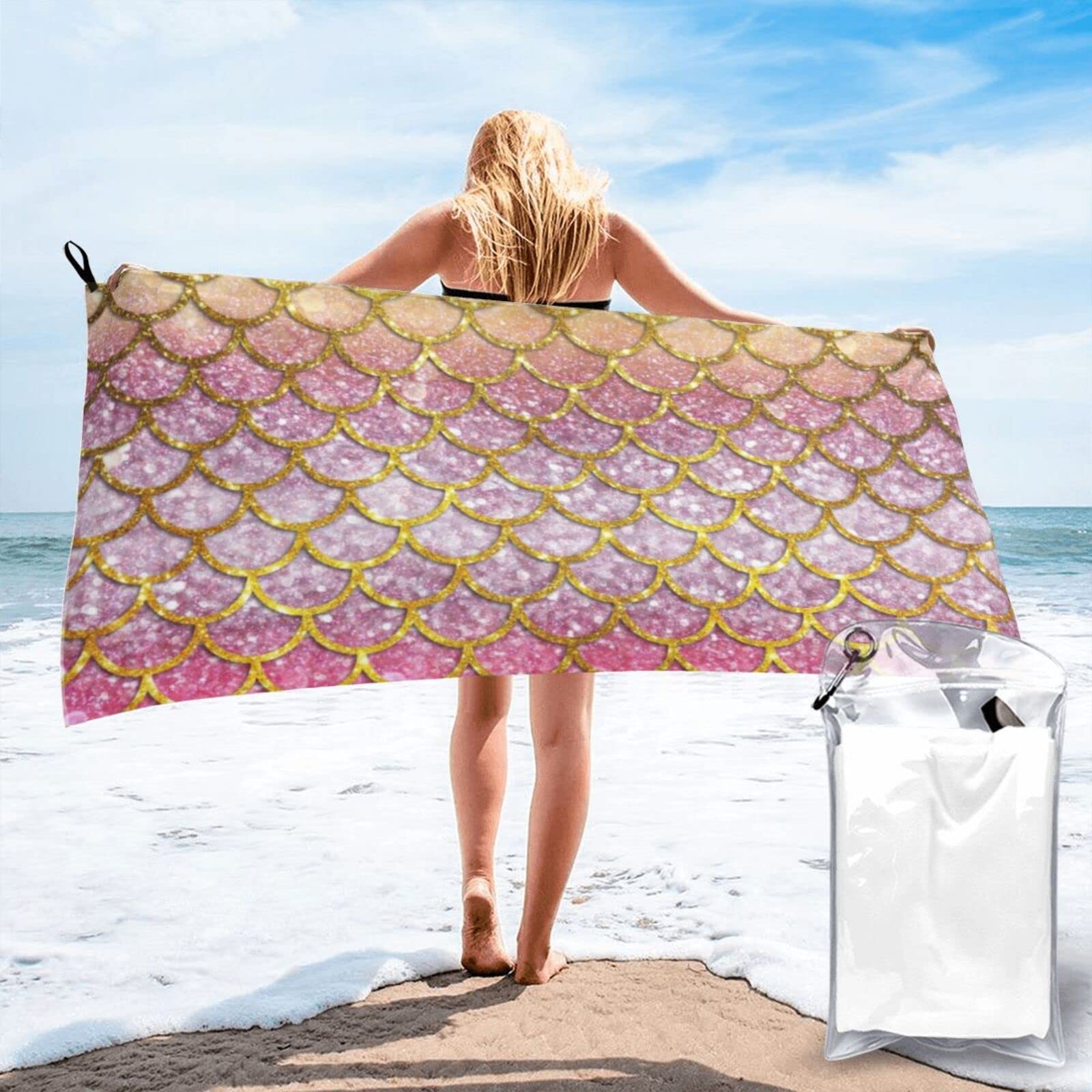 Lawenp Colorful Gold and Red Scales Microfiber Beach Towel Adults Large Quick Drying Bath Towel Travel Towels with Pouch 31.5"x63"