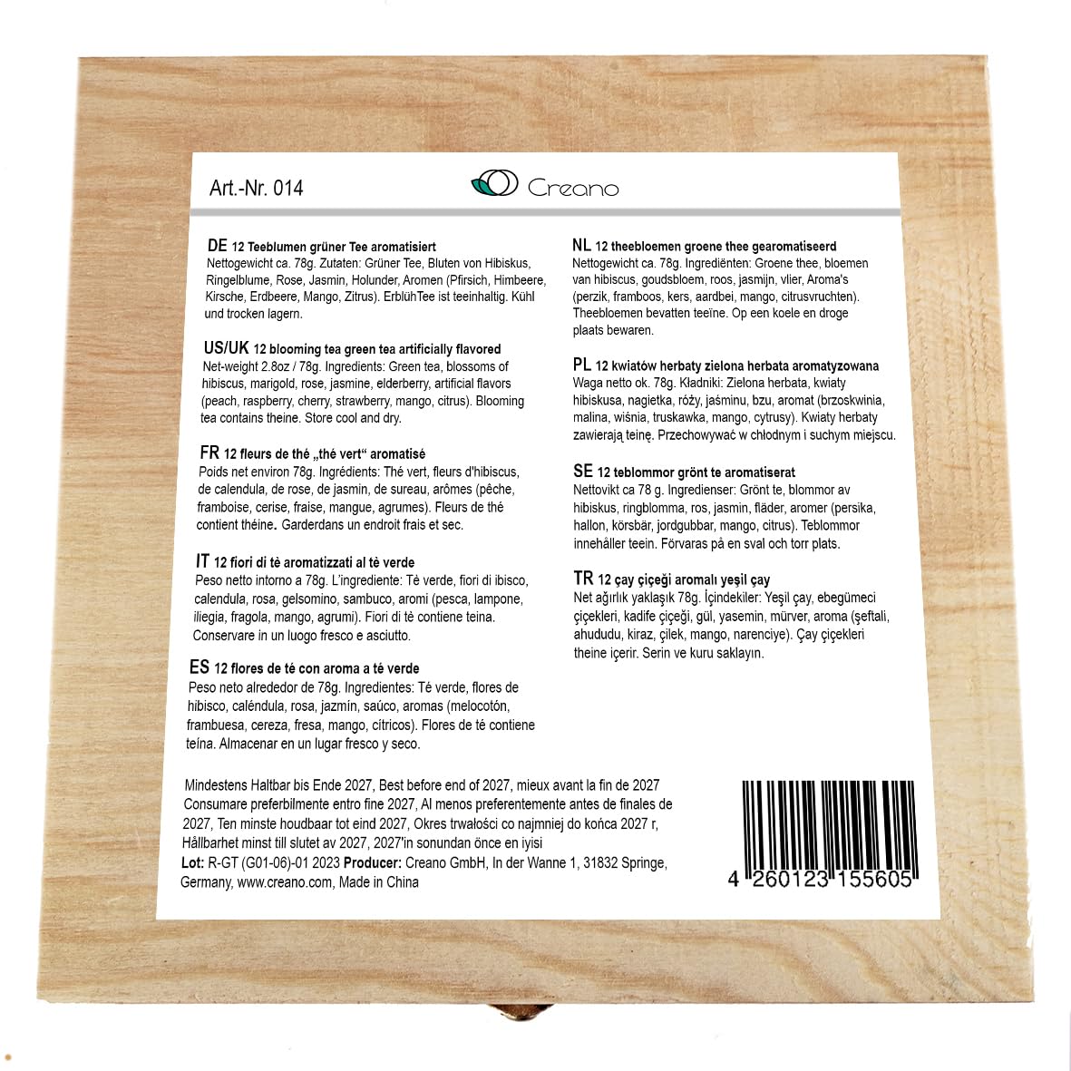 Creano Flores de Té Verde 12 uds – Cofre de Madera Premium – 6 Variedades de Té Verde Frutal – Regalo Elegante para Amantes del Té