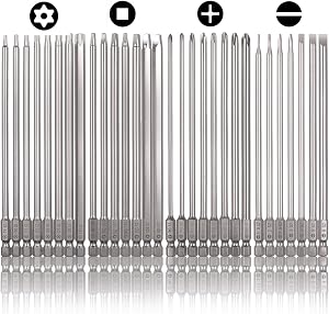 30 Pcs Long Screwdriver Bits for Drill Set, Mixiflor 1/4 Inch Hex Shank S2 Steel Magnetic 4 Inch Long Drill Bits with Storage Box(Slotted+Cross+Square +Torx)