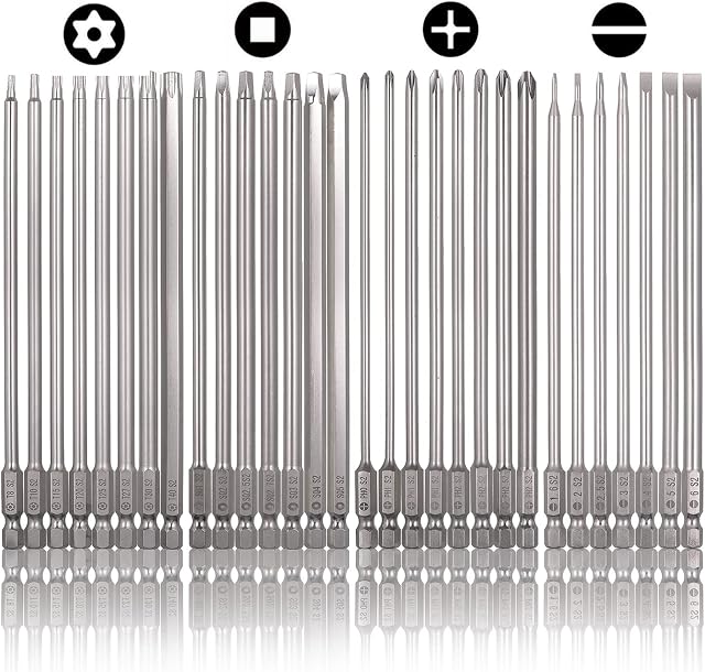 30 Pcs Long Screwdriver Bits for Drill Set, Mixiflor 1/4 Inch Hex Shank S2 Steel Magnetic 4 Inch Long Drill Bits with Storage Box(Slotted+Cross+Square +Torx)