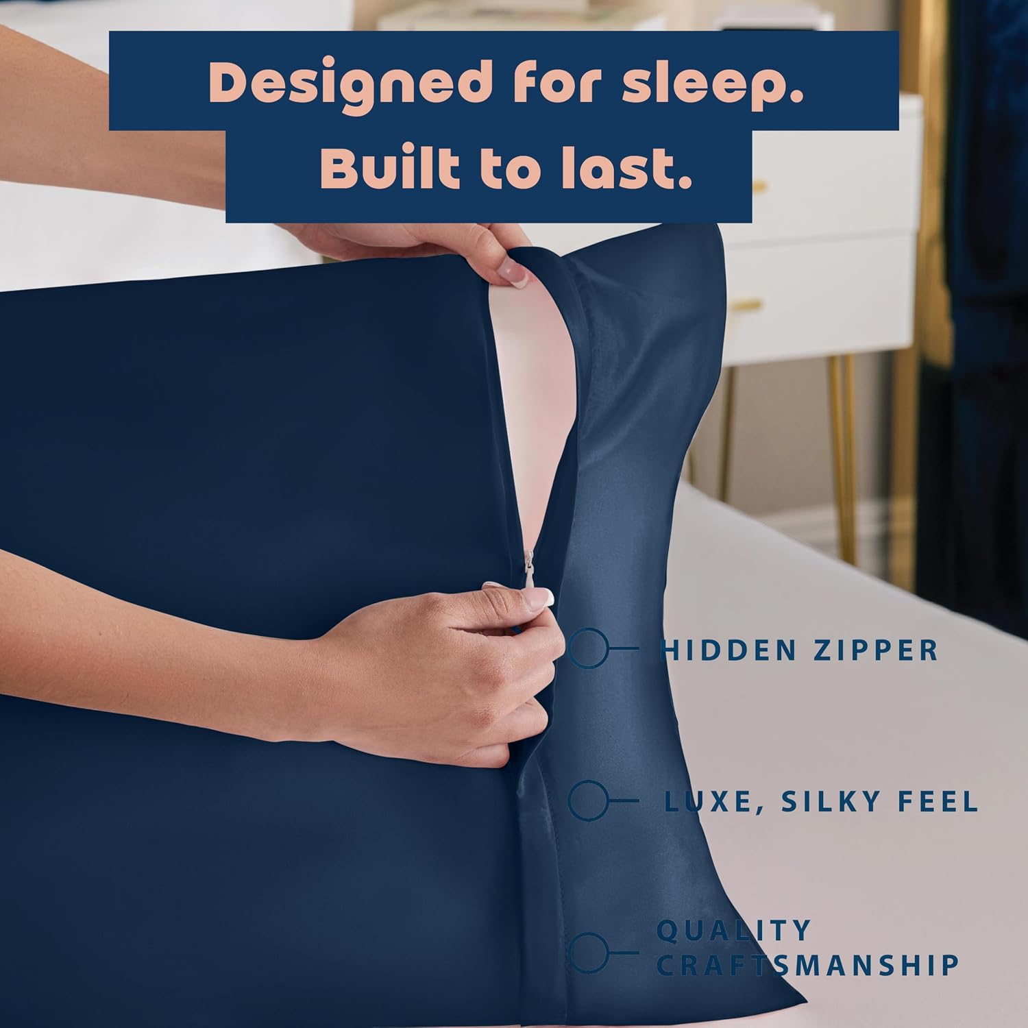 BLISSFORD Satin Pillowcase with Zipper, Like Silk Pillow Cases - Navy