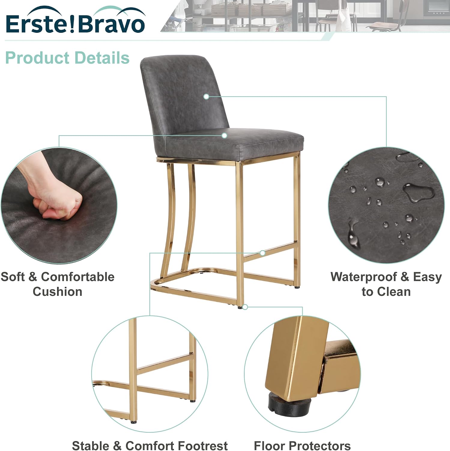 Grey Gold Counter Height Bar Stools Set of 4 for Kitchen Counter 24 Inch Modern Barstools with Back Faux Leather Upholstered Farmhouse Bar Chairs Island Stools Support 330LBS, Grey+Gold