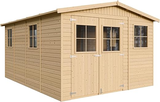 TIMBELA Holz Gartenschuppen – Abstellkammer mit Fenstern – H226x418x320 cm/12 m² Naturholz-Shiplap-Schuppen – Gartenwerkstatt – Fahrrad-…
