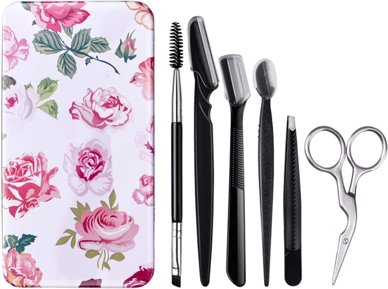 FITDON Eyebrow Grooming Set, Professional Slant Tip Tweezers & Curved Stainless Steel Scissors & 3PCS Brow Razors Trimmer & Duo Angled Eyebrow Brush with Spoolie