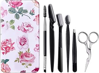 FITDON Eyebrow Grooming Set, Professional Slant Tip Tweezers & Curved Stainless Steel Scissors & 3PCS Brow Razors Trimmer & Duo Angled Eyebrow Brush with Spoolie