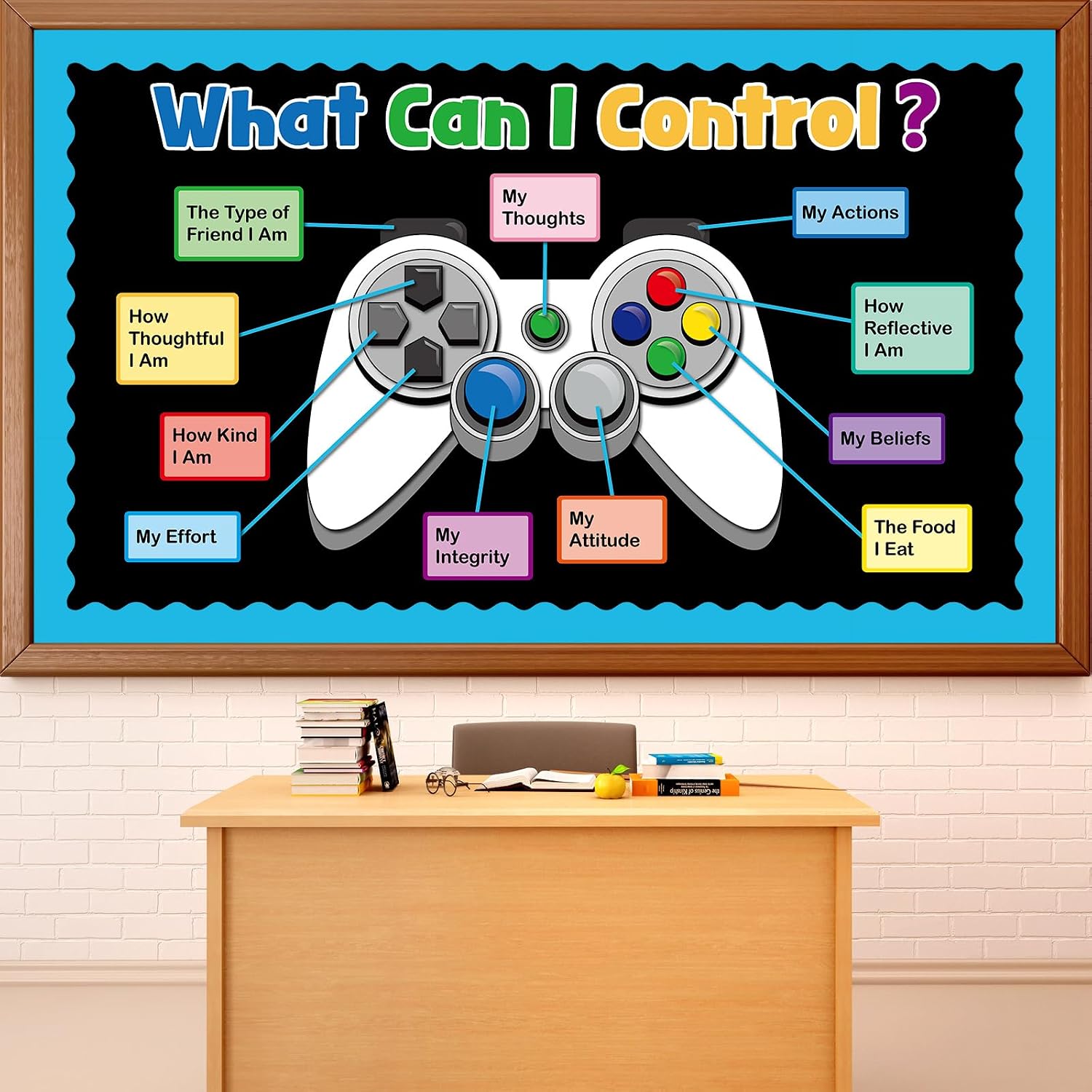 Growth Mindset Bulletin Board Decoration Set Blue Video Game Theme Things I Can Control Bulletin Board Set Mental Health Inspirational Gamer Paper Cutouts for Back to School Chalkboard Door Wall Decor