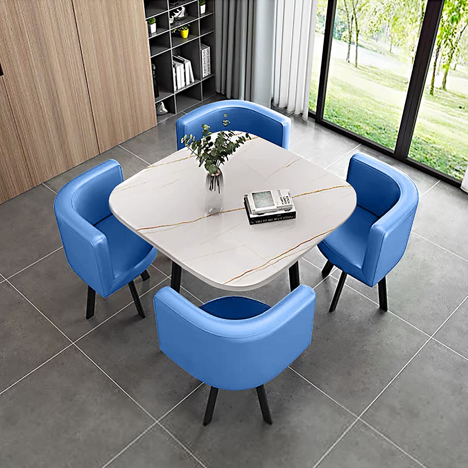 OLSKFUH Modern Round Dining Table Set With 4 Chairs For Business Meetings And Office Conference Small Round Coffee Table And Chair Combination Pu 6,Pu-37-80 * 80 * 73cm