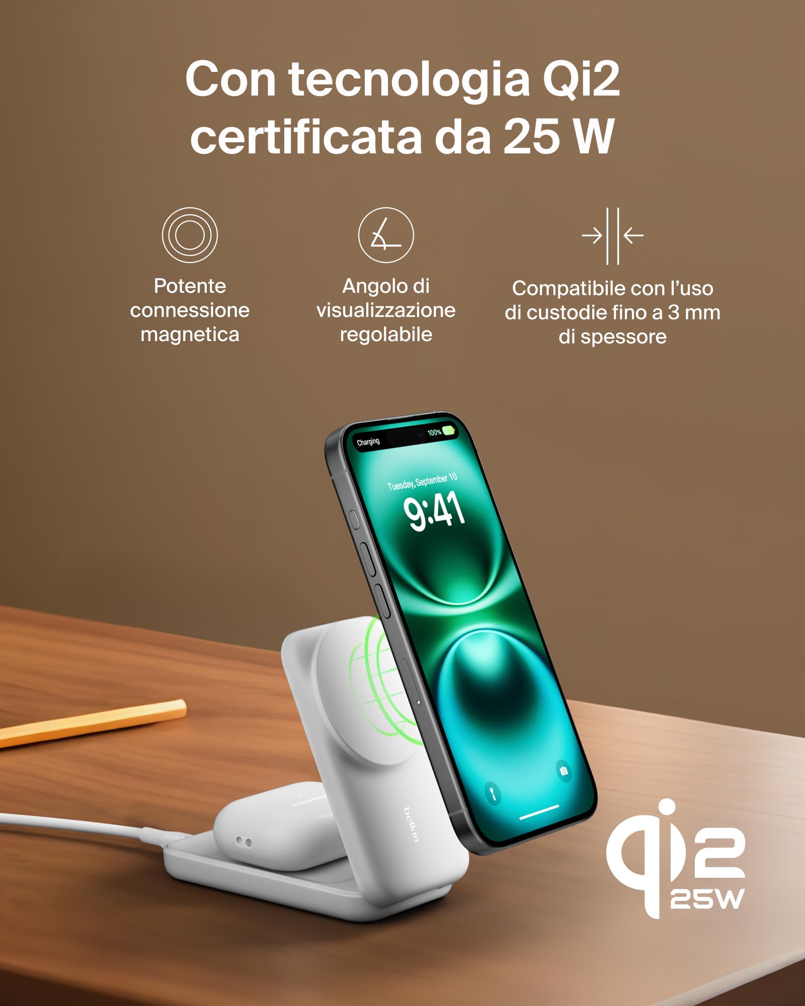 Belkin UltraCharge Caricatore iPhone Qi2, Stazione di Ricarica Wireless 2 in 1 25W, Caricatore Wireless Compatibile con MagSafe per iPhone, AirPods, Pixelsnap con Porta USB-C e Adattatore 45W, Bianco