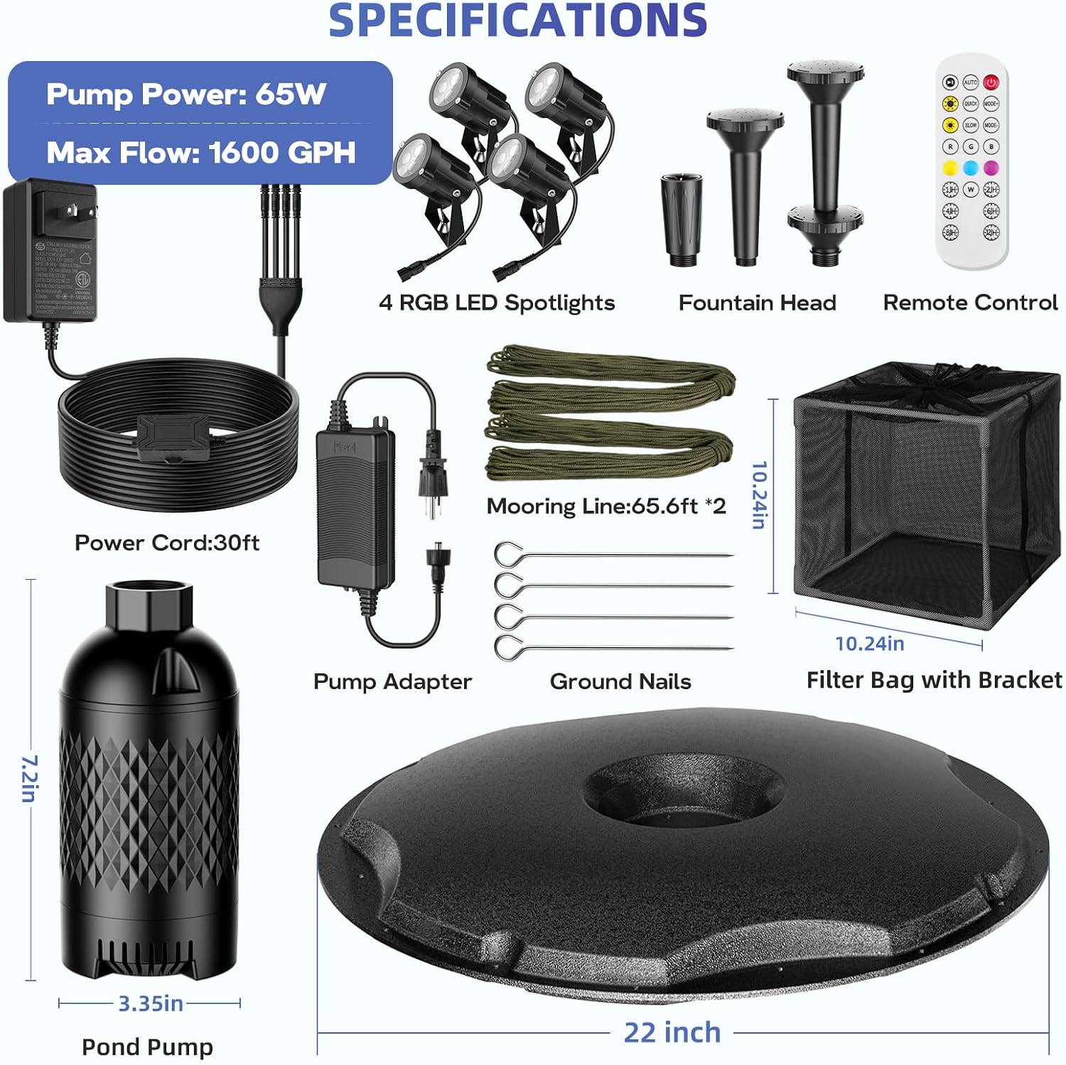 Antfraer Floating Fountain with LED Lights, RGB Pond Fountain with 1600GPH Pond Pump & 50FT Cord, 3 Water Spray Styles Aerator Pump Kit with Remote Control for Ponds, Lakes, Water Garden