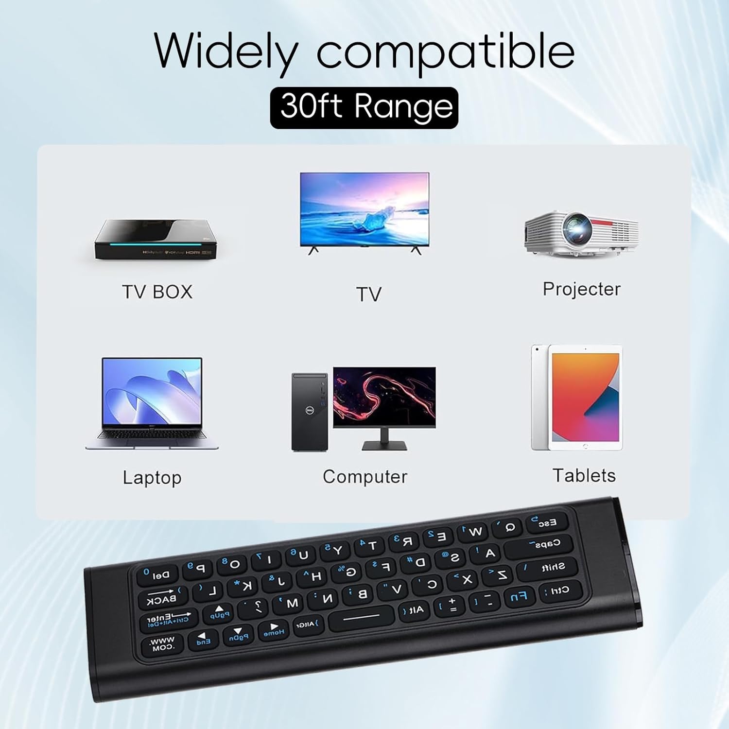 Compatibility diagram showing the iPazzPort Mini Bluetooth Keyboard with Air Mouse working with TV boxes, TVs, projectors, laptops, computers, and tablets.