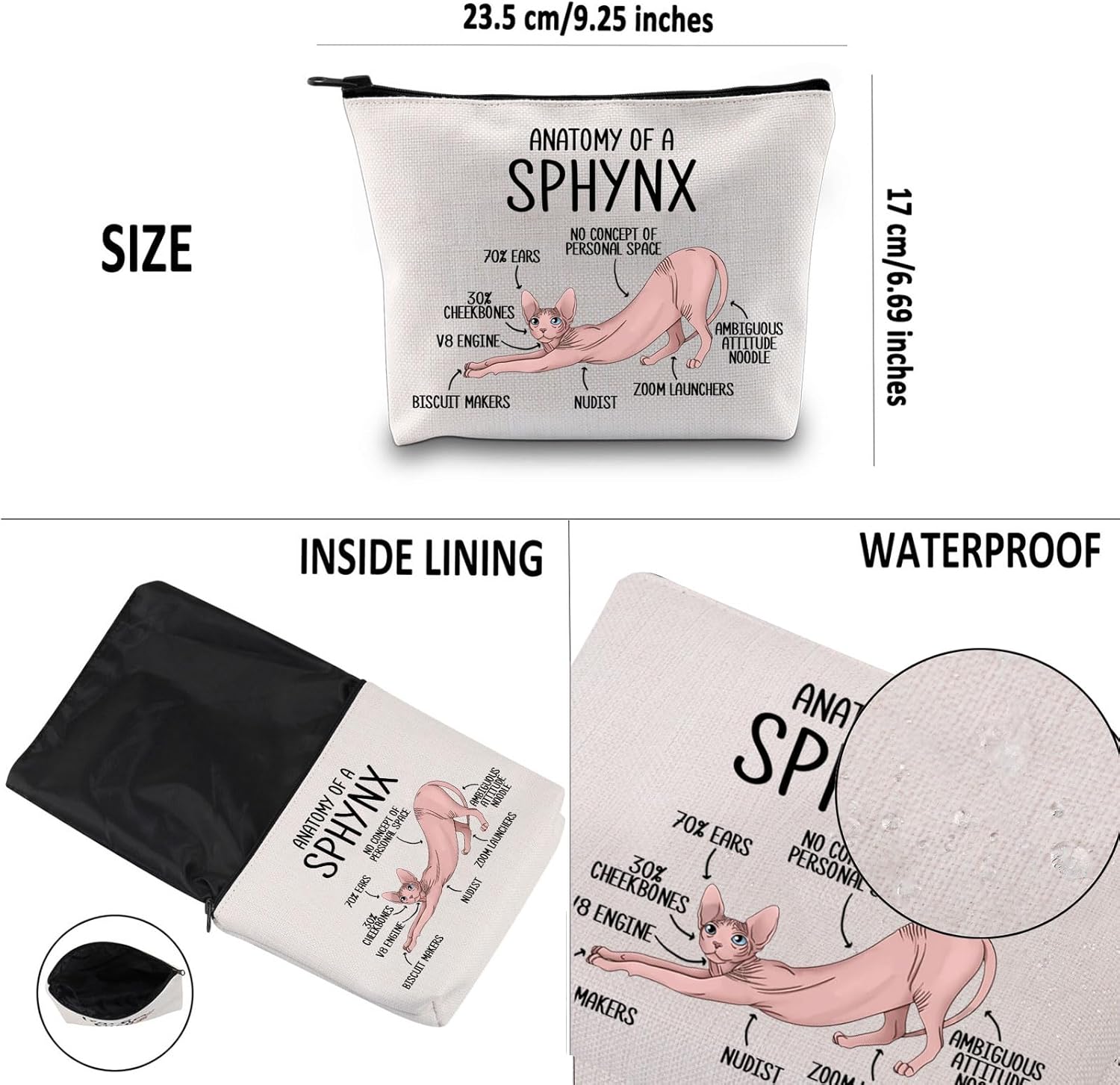 G2TUP Sphynx Cat Lover Gift Anatomy Makeup Bag - Cosmetic Bag for Sphynx Mom and Owner (A Sphynx Cat MB) - Image 3