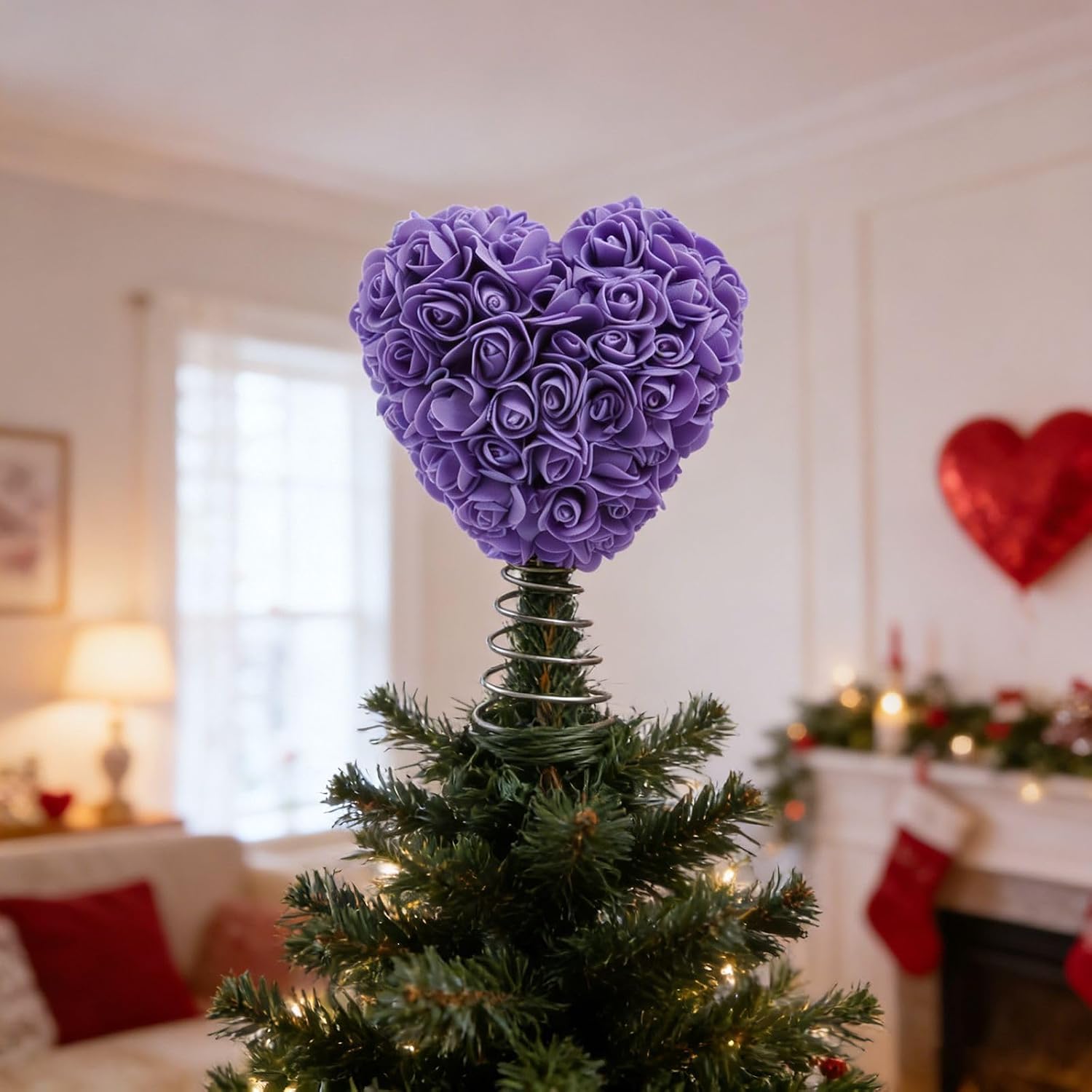 Preserved Rose Flower Tree Top Valentines Day Heart Shape Tree Top Ornament for Christmas Wedding Holiday Decorations Everlasting Flower