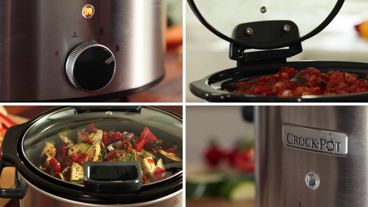 Collage showing the Crock-Pot CSC044 control dial, hinged lid, food cooking, and brand logo.