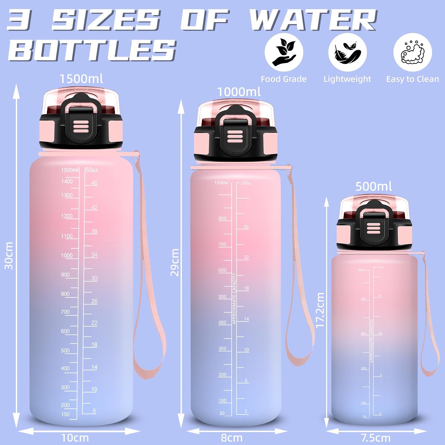 Grsta Drinking Bottle 1 Litre Sports Water Bottle with Straw, Easy to Clean, Leak-Proof Drinking Bottle, with Motivational Slogans, Motivational Water Bottle for Hiking, Sports