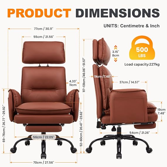 IWMH Big and Tall Office Chair 500lbs Heavy Duty Desk Chair Wide Seat Chair | Ergonomic Computer Chair Executive PU Leather Reclining Managerial Chair Adjustable Headrest Footrest Lumbar Support Brown