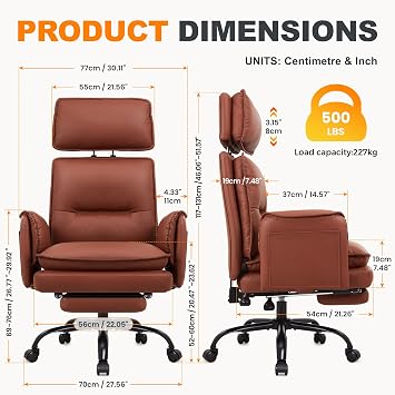 IWMH Big and Tall Office Chair 500lbs Heavy Duty Desk Chair Wide Seat Chair | Ergonomic Computer Chair Executive PU Leather Reclining Managerial Chair Adjustable Headrest Footrest Lumbar Support Brown