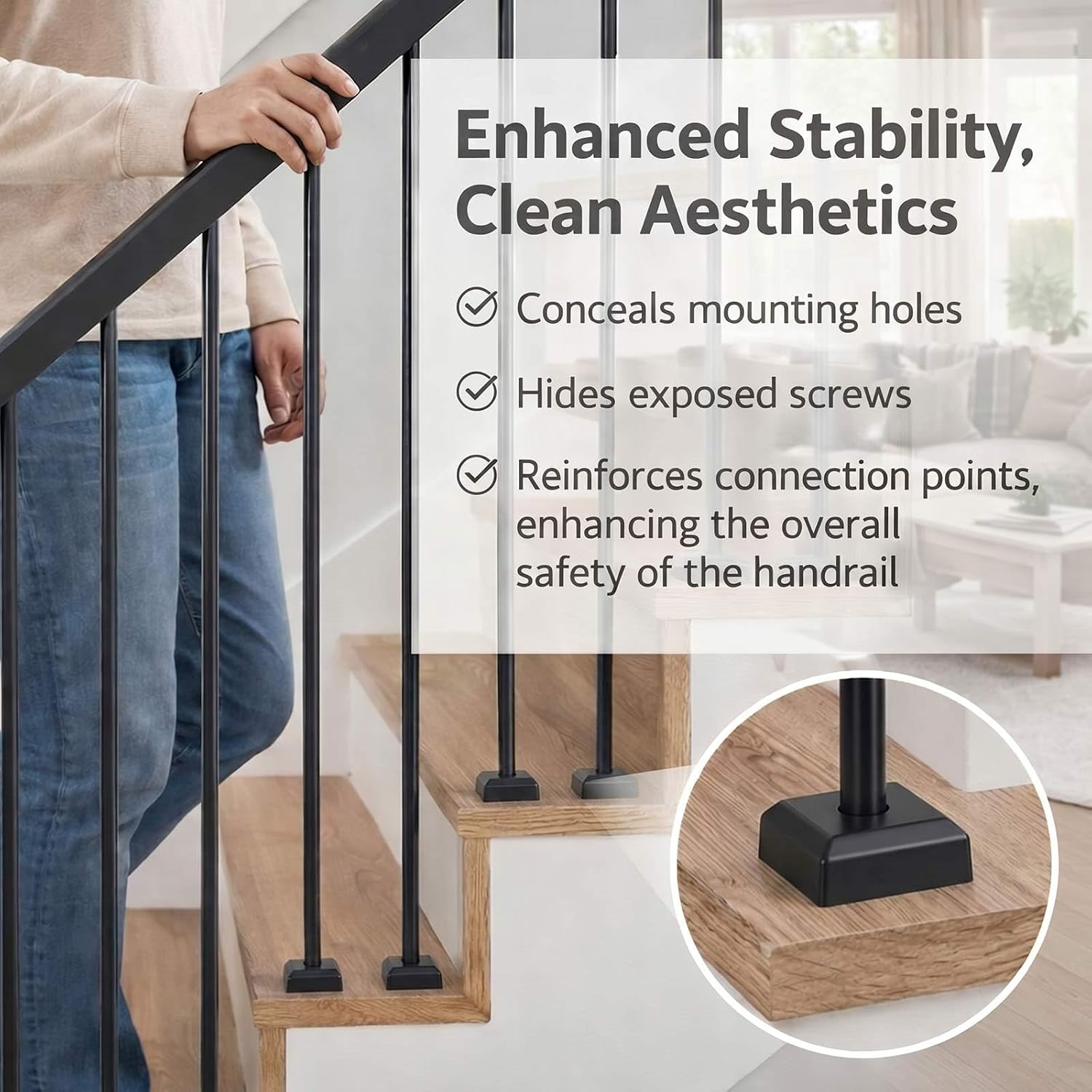 Flutesan 24 Pcs 1/2'' Baluster Shoe Aluminum Flat Shoes Modern Matte Black | Square Flat Shoe for Scroll, Basket Twist Knuckle Baluster, Metal Spindle Railing, Easy Installation, Stair Renovation