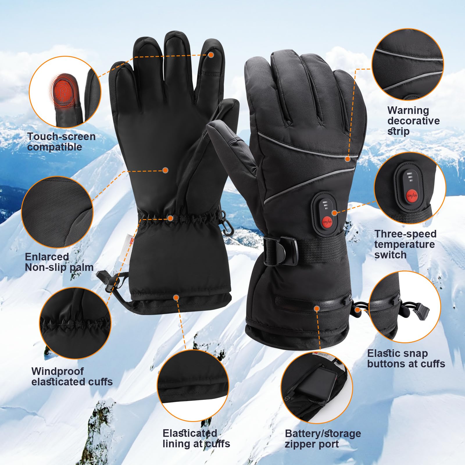 Gants Chauffants Towwoo Rechargeables 6000mAh - 3 Niveaux (40-65°C) - Écran Tactile - Imperméables - Pour Ski, Randonnée, Camping