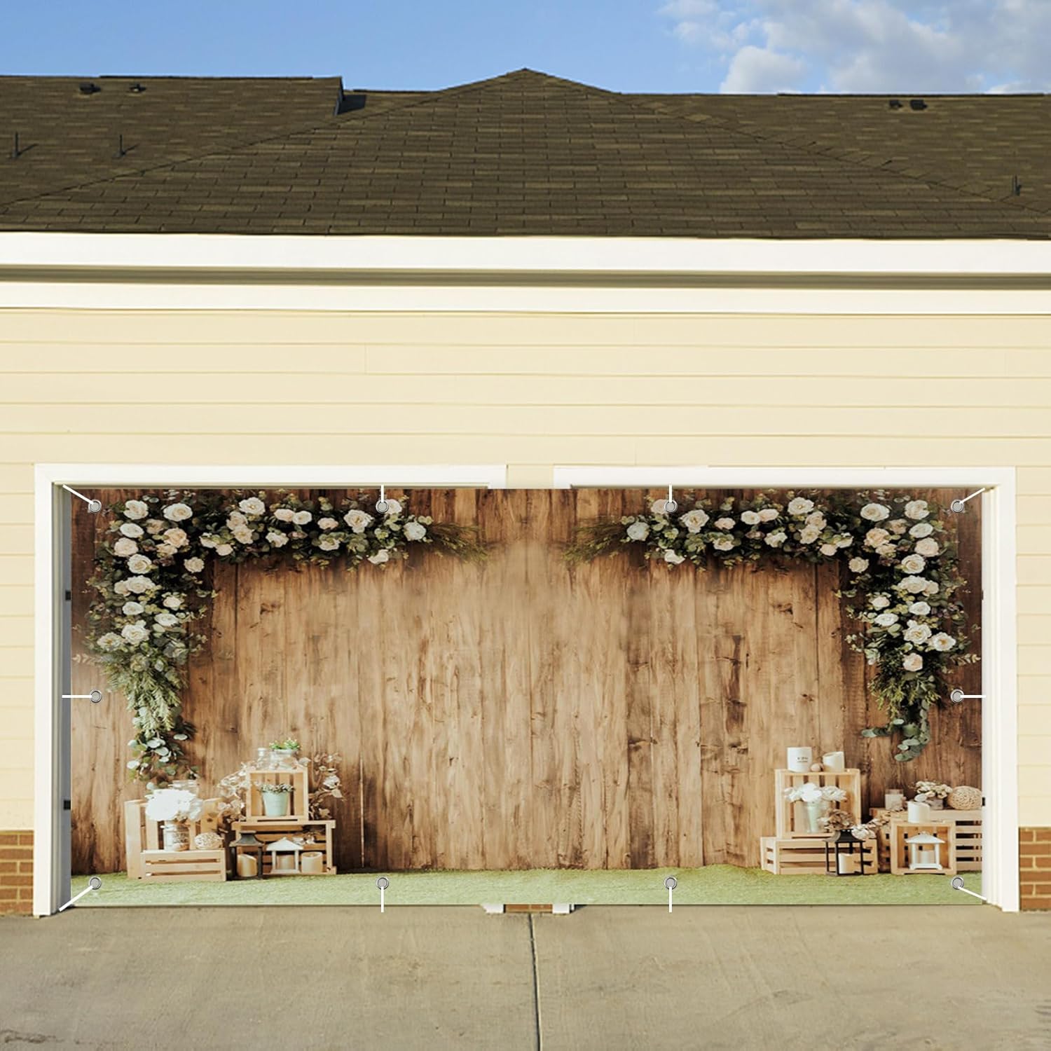 CSFOTO 7x16ft Floral Wood Wall Garage Door Decoration Banner Vintage Brown Country Theme Garage Decoration Mural Outdoor Indoor Bridal Shower Reception Ceremony Party Photo Props