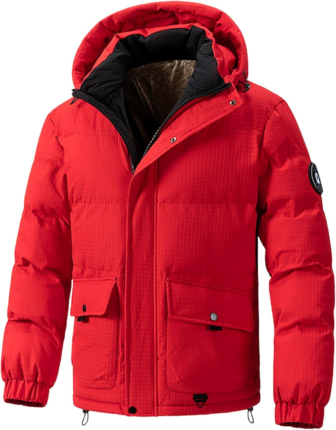 Quilted Jacket Men with Hood Warm Outerwear Coats Mens Winter Coat Full Zip Solid Color Long Sleeve Puffer Jacket