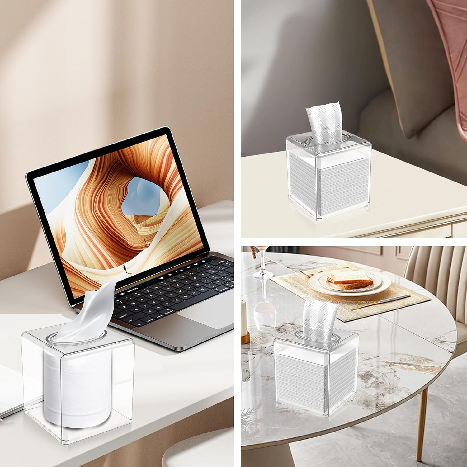 Clear Acrylic Square Facial Tissue Box Holder with Cover Modern Tissue Dispenser, Cover Napkin Organizer for Dryer Sheets, Bathroom, Desks, Countertop, Vanity, Bedroom Dressers,Kitchen Office Room