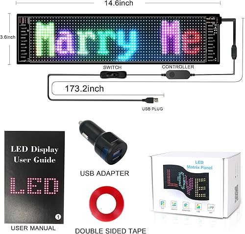 Vista 3 de Letrero LED, señal de coche LED programable con aplicación Bluetooth, panel de matriz LED de mensaje de desplazamiento USB 5V, tablero