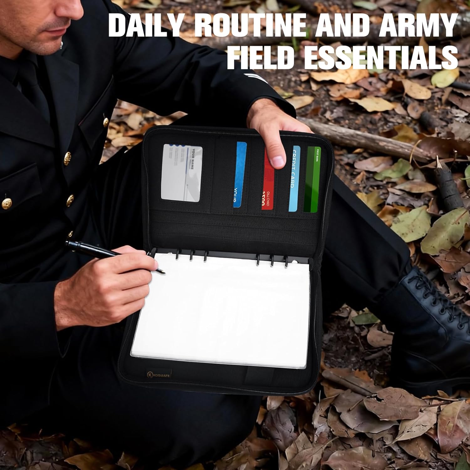 Tactical Notebook Padfolio Ring Binder with 80 Sheets,Weatherproof Military Notebook Cover with Zippered Padfolio Organizer,Refillable 6-Ring A5 Binder Notepad (Black)