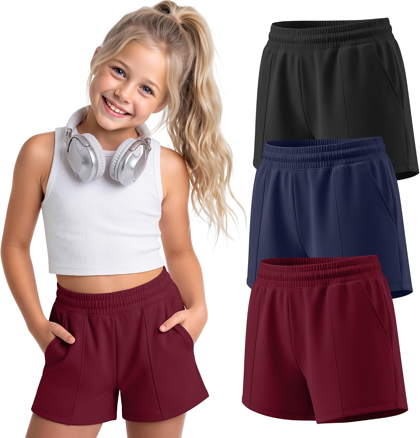 3 Pack Girls Shorts Summer Teen Athletic Shorts Tween Elastic Waist SweatShorts with Pockets for Kids 5-14 Years