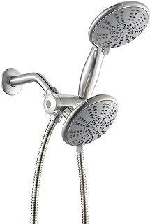 5-Inch Anti-Clog High Pressure LARGE Dual Shower Head with Handheld Spray - 5 Unique Spray Modes/BRASS CONNECTOR/5 Ft Stainless Steel Hose/Spot Resist Brushed Nickel