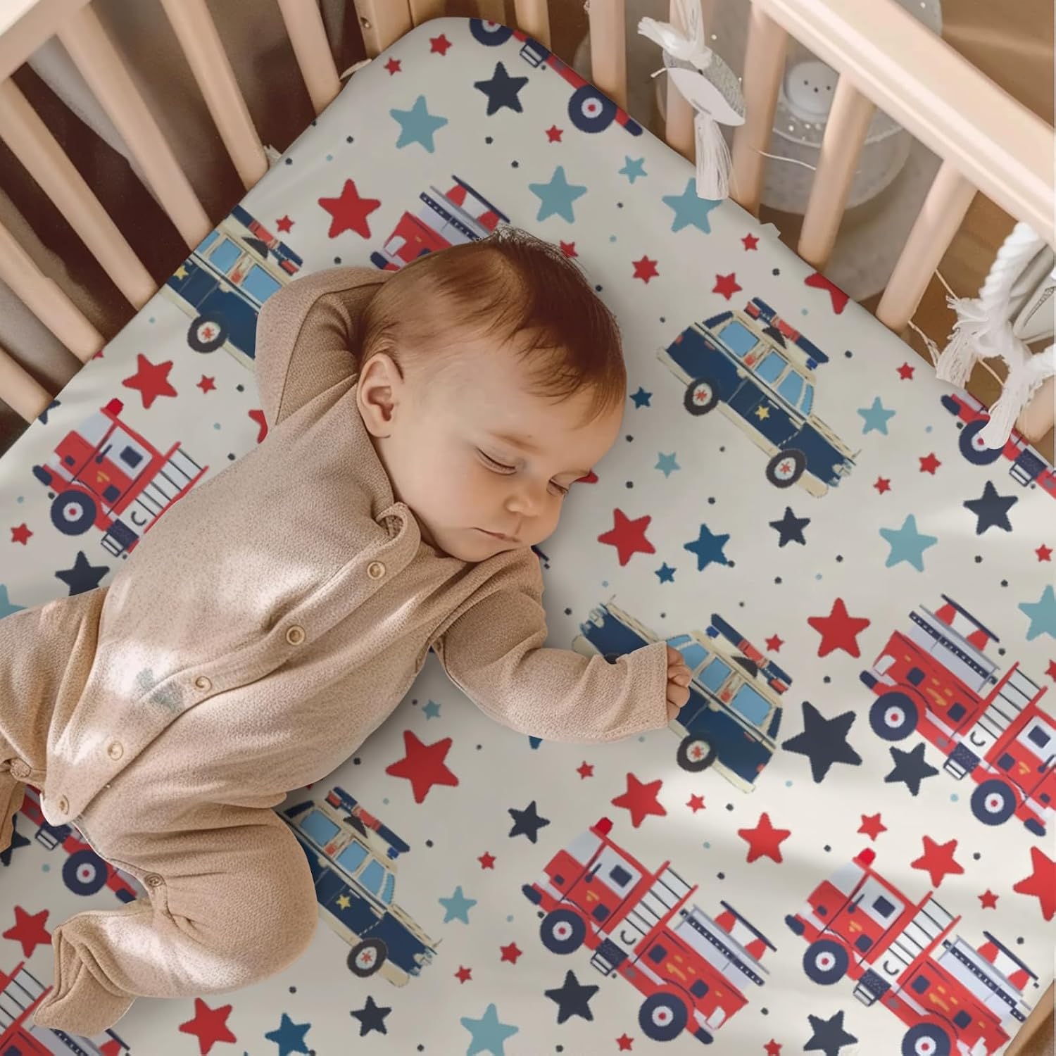 Cartoon Car Trucks Stars Pattern Baby Sheets for Crib, Unisex Transportation Nursery Fitted Bed Sheet for Boys Girls Standard Crib and Toddler Mattress-28x52