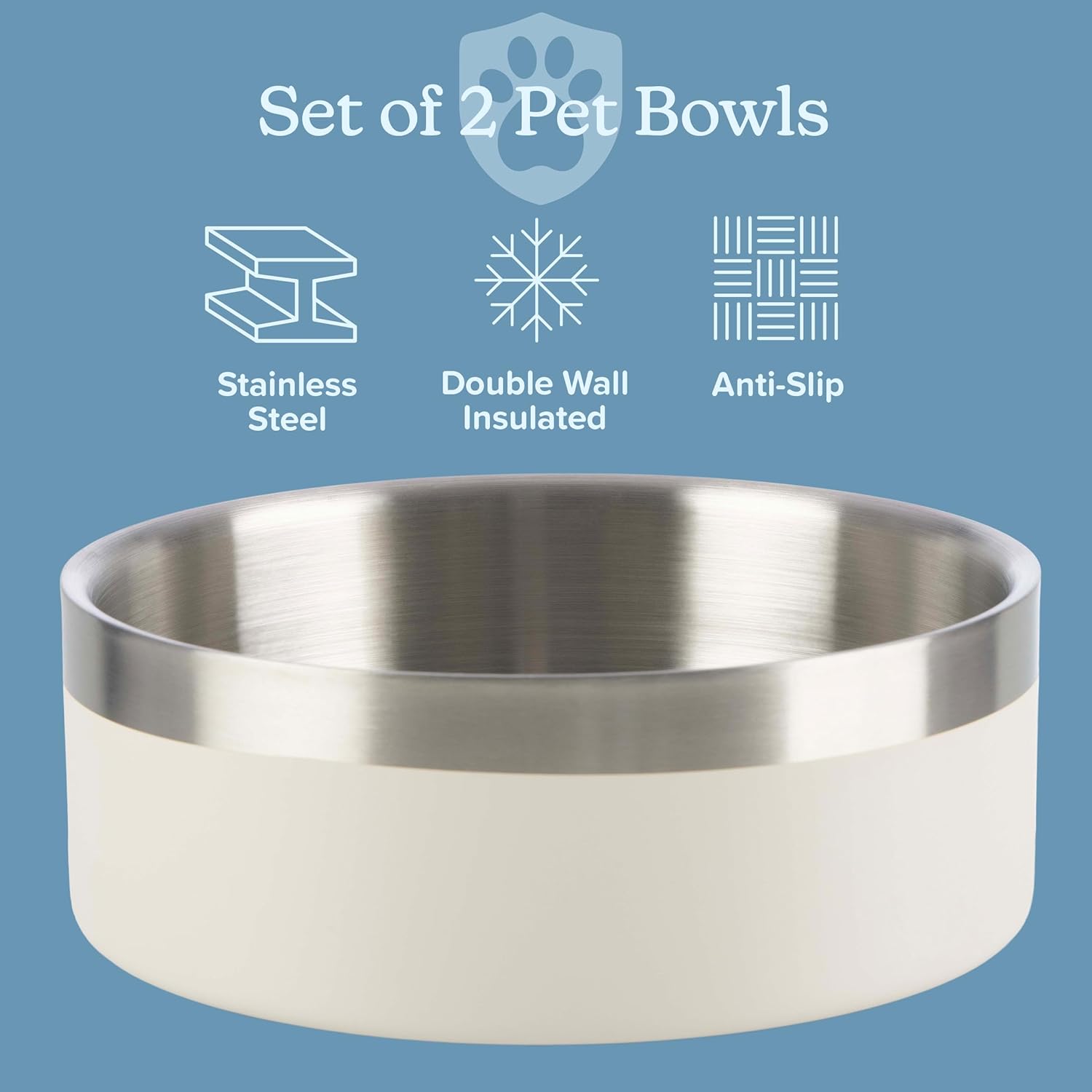 Set of 2 Stainless Steel Dog Bowls - 32oz or 4 Cups Double Wall Insulated Food and Water Bowls for Dogs and Cats, Non Slip Metal Pet Dishes for Small-Medium Pets, Puppy Essentials by PETMAKER (Cream)