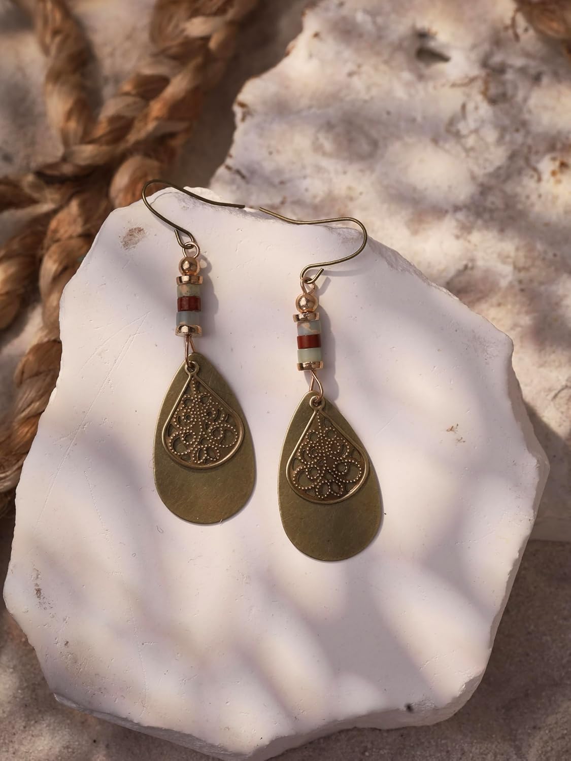 MINACHI Vintage Bohemian Antique Brass Teardrop Filigree Dangle Drop Earrings, Boho Hippie Jewelry Gift for Women - Image 4