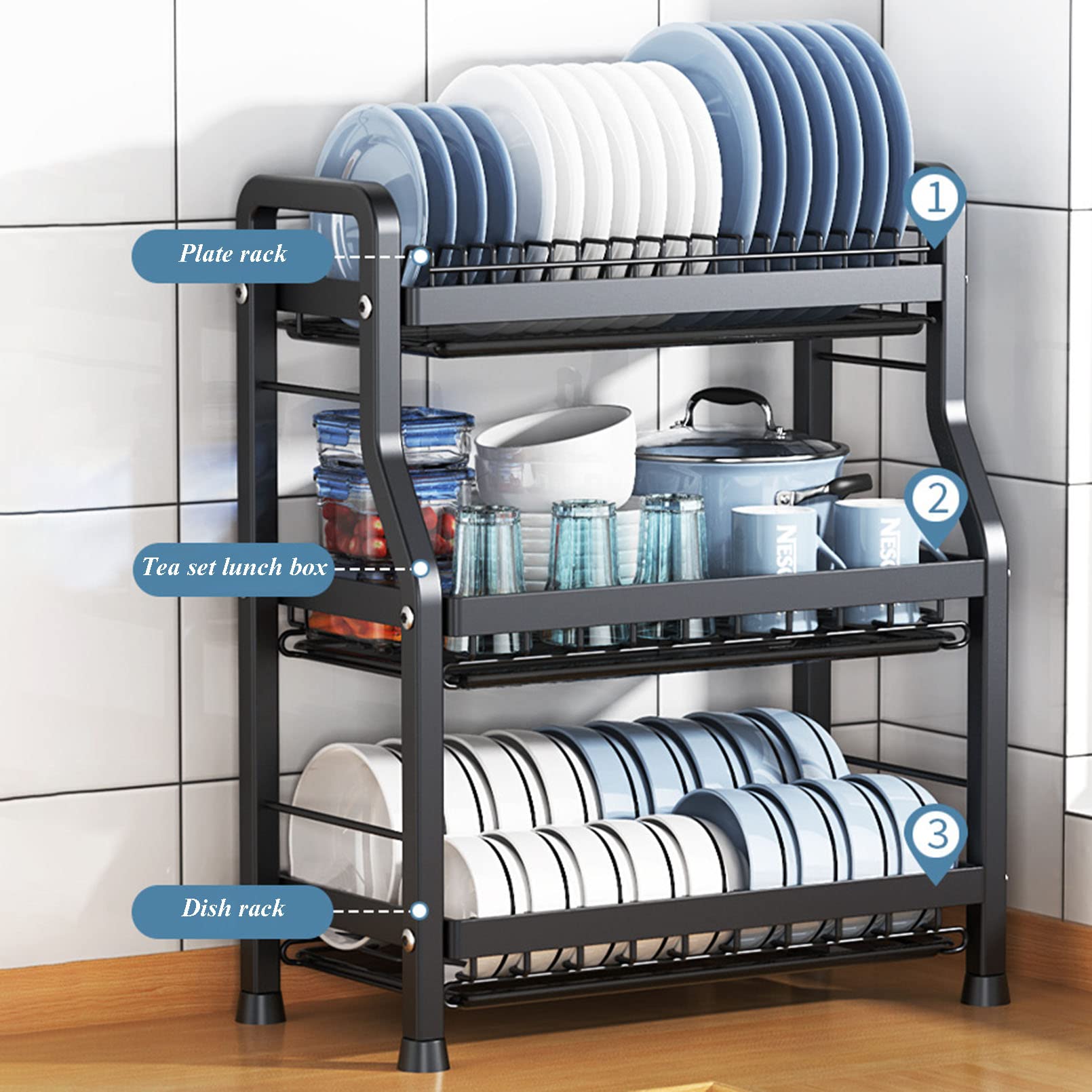Escurridor compacto para encimera de cocina con soporte para cubiertos y tabla de drenaje duradera, estantes de almacenamiento de vajilla fáciles de usar