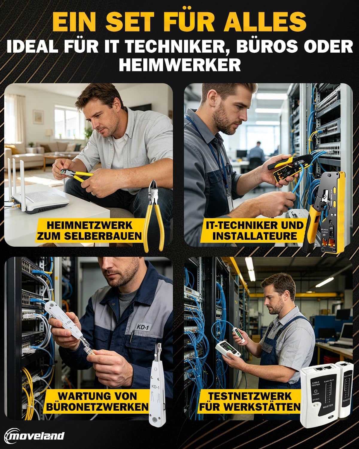 moveland Effizient Netzwerk Werkzeug Set - Rutschfest präzise RJ45 Crimpzange Pass-Through mit 15 x Cat6a / 15 x Cat7 Stecker, LSA Auflegewerkzeug, Netzwerktester für Heimwerker & Techniker geeignet