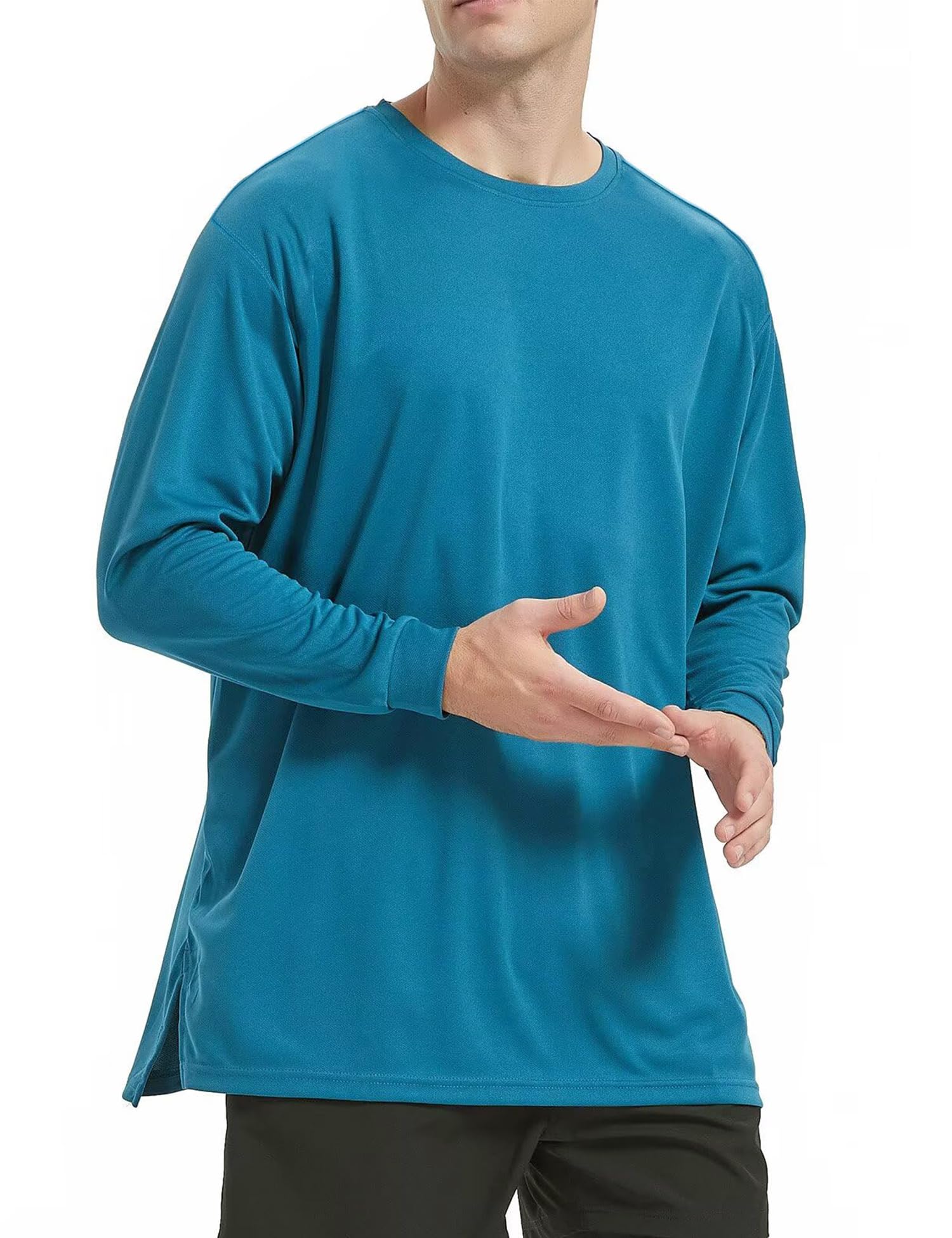 sannidhi Men's Crew Neck T-Shirt Long Sleeve Casual Pullover Tees Soft Stretch Basic Tee Shirts for Running, Jogging, Fitness, Daily Wear, Peacock Blue, XL-picture-8