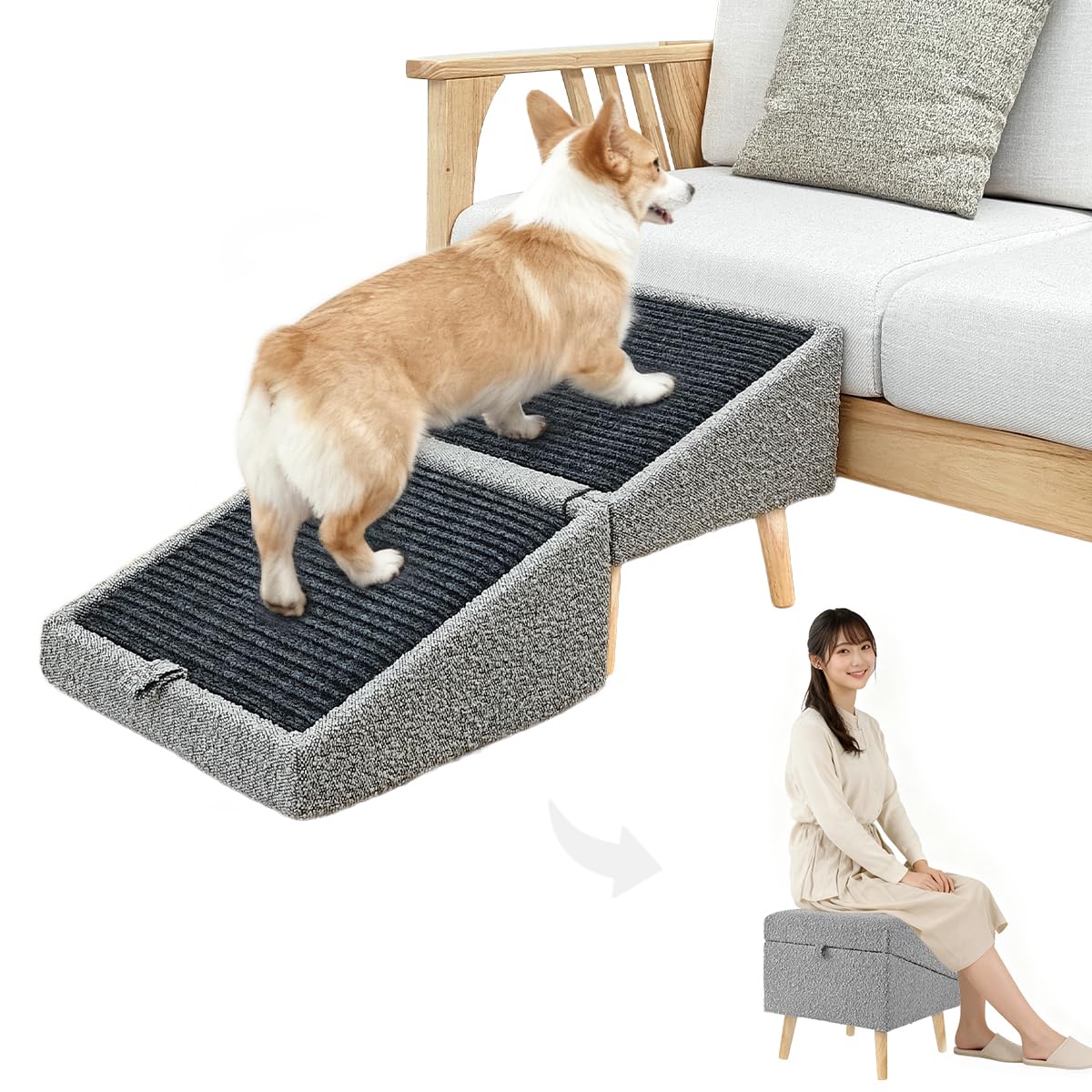Amazon | RAKU ドッグスロープ 犬 階段 オットマン 1秒切替 2in1 高さ