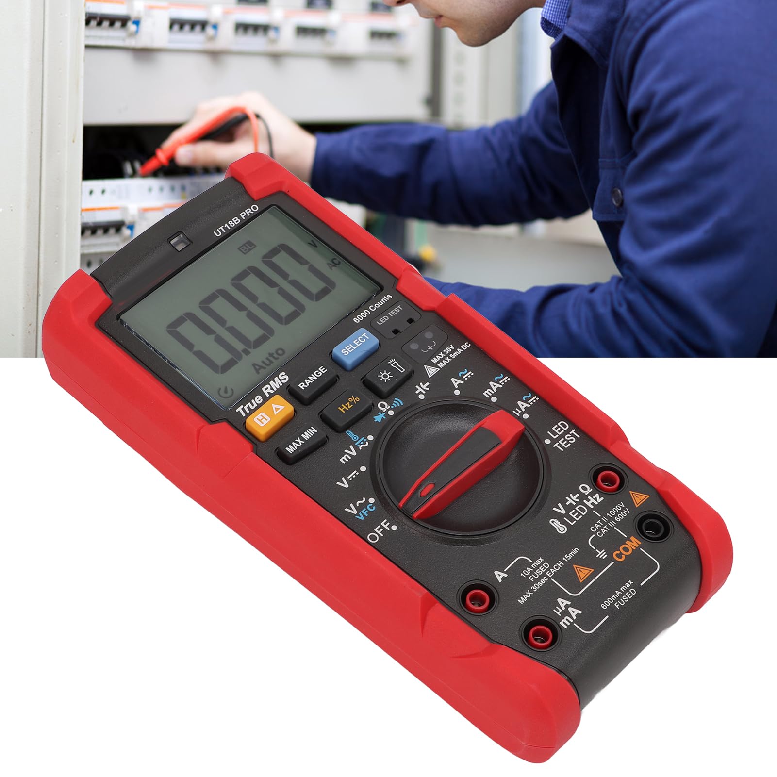 Multímetro digital de 6000 cuentas, voltímetro automático, probador de voltaje True RMS AC DC con pantalla LCD grande, carcasa antivibración ABS para pruebas eléctricas industriales